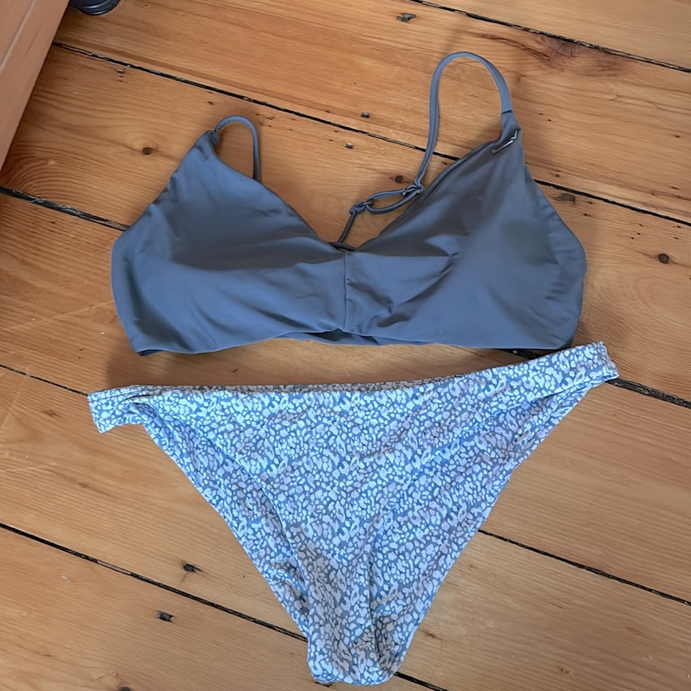 Two piece bikini - cross back gray top and blue and white pebble print bottom